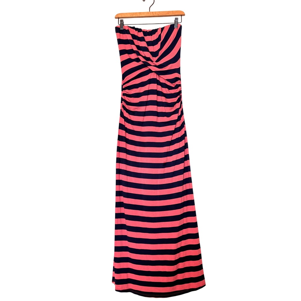 Ella Moss Strapless Striped Maxi Dress Navy Blue Coral Ruched Sides Flare hem XS